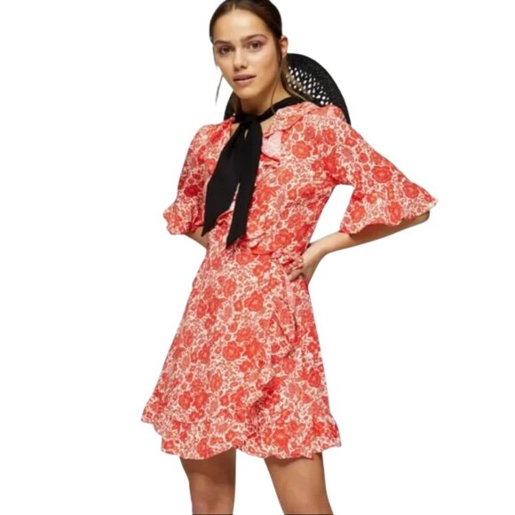 Topshop Ruffle Trim Floral Wrap‎ Dress Orange Size 6 Petite - Picture 1 of 6